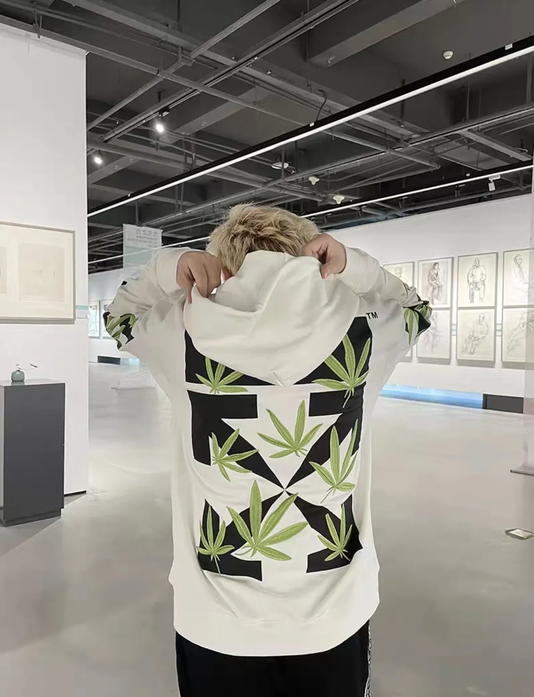 ♻️💯Refer to the model picture for the upper body❤️[New style] 22SS top version OFFWHITE OW lucky leaf embroidery print men and women couples the same trendy pure cotton loose autumn and winter hooded sweatshirt. This year's environmentally friendly series is indeed a bit interesting, all centered around plants. The combination of lucky leaves and arrows has a slightly fresh and artistic style. The front panel printing uses Tajima embroidery printing and superimposed embroidery technology, with a yellow background, a second layer of blue, and the last layer is purple OFF. The embroidery is raised and has a tactile feel. The arrows on the back are made using imported glue technology and then put on the embroidery machine. The printing is realistic and full. Ye Jing's expression is very obvious. Customized three-label auxiliary materials to perfectly restore ZP.  Color: black and white Size: XS-L P:430